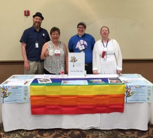 Fun at the Sierra Pacific Synod ELM table! Larell Fineren (second from left) with Proclaim members John Brett, Rev. Megan Rohrer, and Rev. Dr. Dawn Roginski 